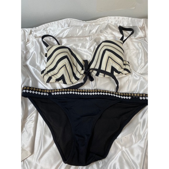 Victoria Secret VS Striped Bikini Push Up Set Bikini Black White Gold‎ 34B / S - Picture 1 of 7